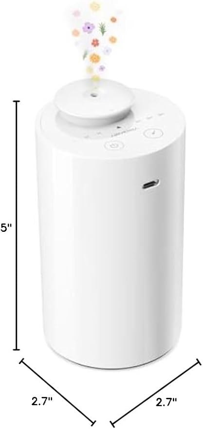 Waterless Diffuser for Essential Oil, Battery Operated Nebulizer, 0.7 Fl.Oz./ 20mL Capacity, Mini Scent Air Machine, 3 Countdown Timers & 3 Mist Levels for Home, Room, Car, Office - AN6 White