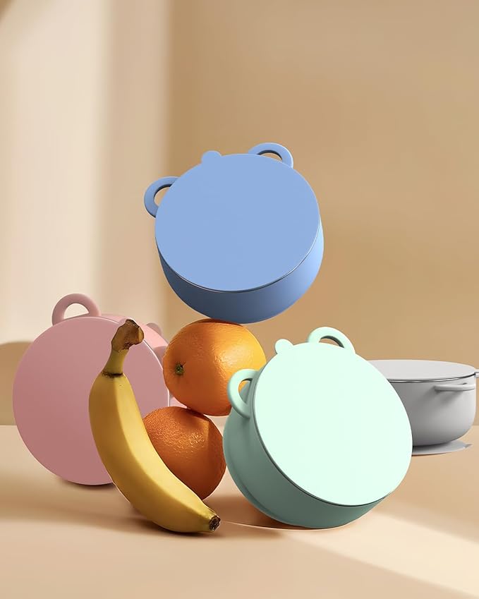 Baby Suction Bowls with Lids 4-Pack, 2-in-1 Stainless Steel 304 Toddler Bowl & Removable Silicone Suction Kids Bowl Plate Set Non Toxic Snack Dishes for Self-Feeding, Sunrise Meadow