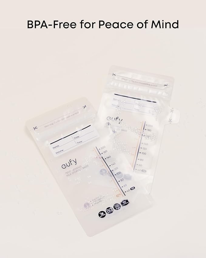 eufy Breast Milk Storage Bag with Temperature Sensing Color Change, Milk Storing Bags for Breastfeeding, 7 oz Disposable Storage Bags, Self-Standing, Leakproof Milk Freeze Storage Pouches (120 Pieces)