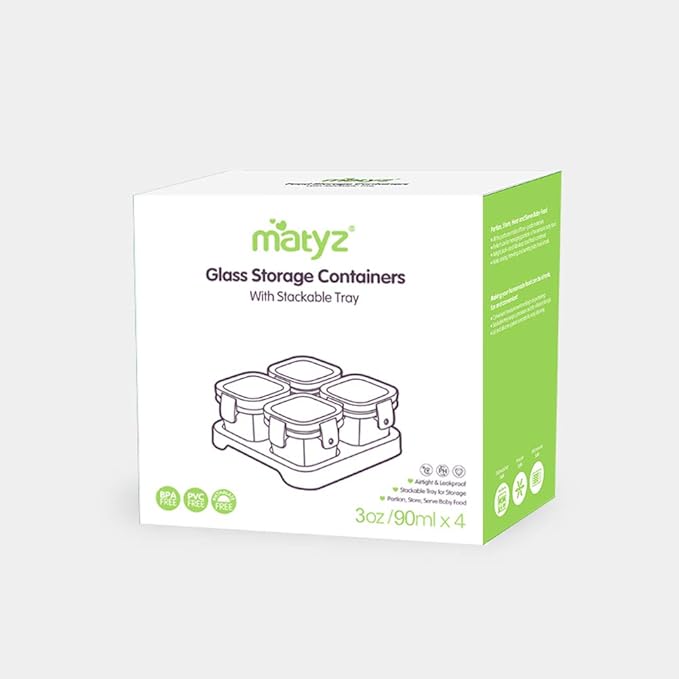 Matyz 4-Pack Glass Baby Food Storage Containers with Airtight Lids and Stackable Tray (Green, 3 OZ Each) - Small Freezer Storage Containers for Baby On The Go - Air Tight Food Storage Containers