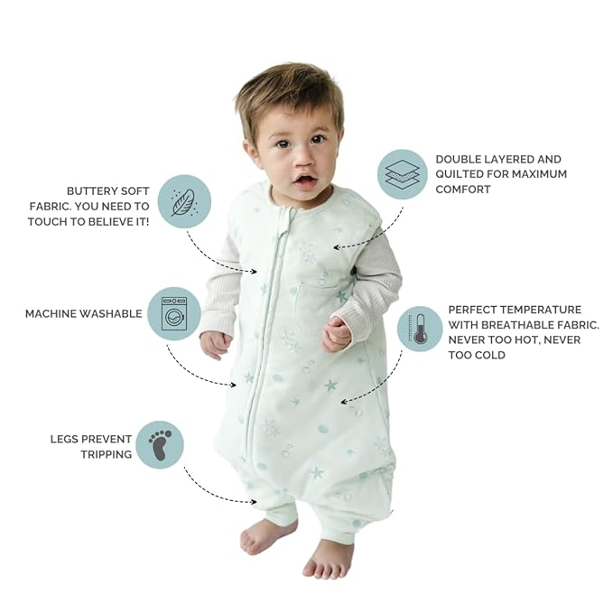 Tealbee Dreamsuit: Toddler Sleep Sack with Feet 3T 4T - 1.5 TOG Winter Baby Wearable Blanket for Walkers - Rayon made from Bamboo, Organic Cotton Sleep Bag - Seashell