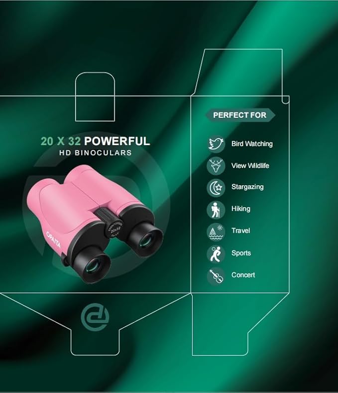 Compact Binoculars for Adults High Powered - OPAITA 20x32 Small Binoculars for Adults Kids with Low Light Vision for Hunting Cruise Ship Travel Concert Hiking Pink