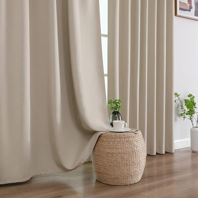 Joydeco 90 Inch Blackout Curtains for Bedroom, Thermal Insulated Black Out Curtains 2 Panels Set, Room Darkening Drapes for Living Room Window Rod Pocket Back Tab (W37 x L90 Inch, Light Beige)