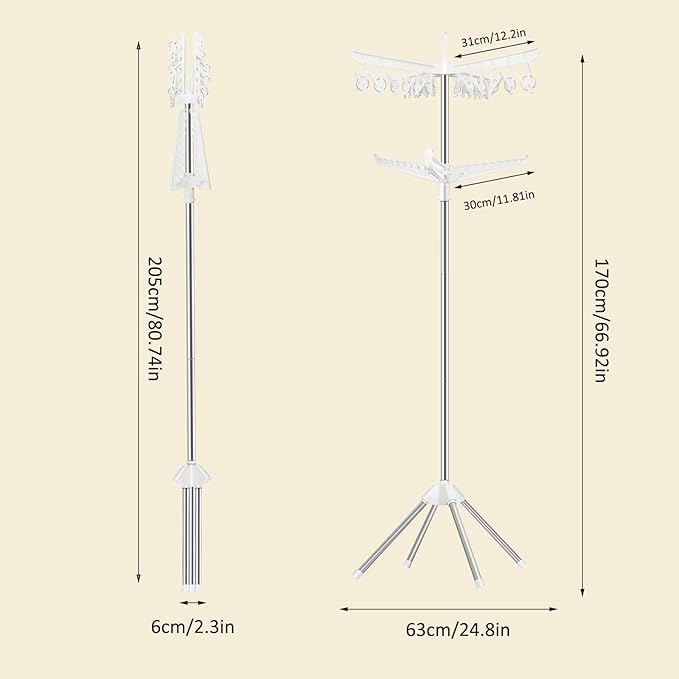 SUYU Clothes Drying Rack,Folding Clothes Drying Tree, 2 Layer with 24 Clips and 3 Rotatable Arms,66.9-Inch Indoor Clothes Rack,Stainless Steel,4 Legs,White and Silver SNJ102