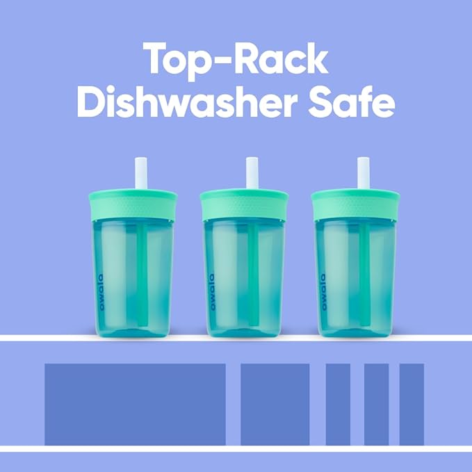 Owala Kids BPA-Free Plastic Tumbler with Spill Resistant Flexible Straw, Easy to Clean, Kids Water Bottle, Great for Travel, Dishwasher Safe, 15 Oz, Teal and Aqua (The Blues)
