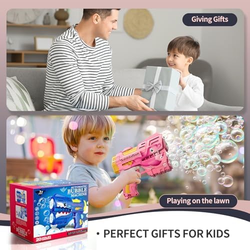 Rechargeable Pink Dolphin Bubble Guns for Kids, LED Light Up Bubble Machine Blower with 2 Bottles Bubble Refill Solution for Kids, Bubble Makers Blaster for Toddlers, Summer Wedding Toys Gift