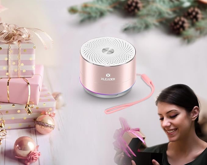 Mini Bluetooth Shower Speaker, IPX6 Waterproof Speaker, with RGB Lights, Mic, Portable Silicone Lanyard, Suction Cup, Clear Sound&Rich Bass, 12h Playtime, Small Pink Gifts for Girls Women