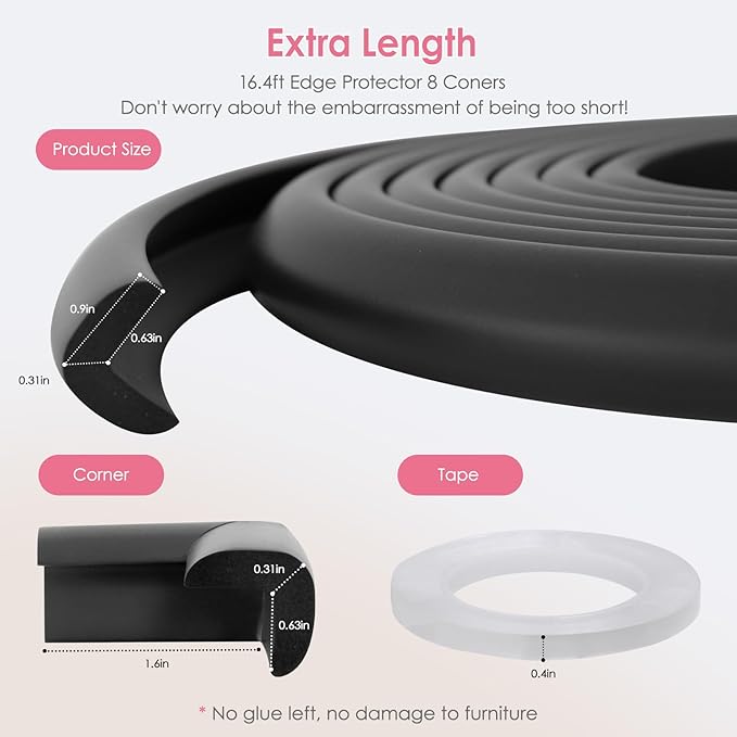 Baby Proofing Corners and Edges Protector Guards (16.5FT Edge +8 Corners), Soft Rubber Foam Edge Protector with Removable Double Sided Tapes, Furniture Table Bumper Guard for Baby Safety-Black