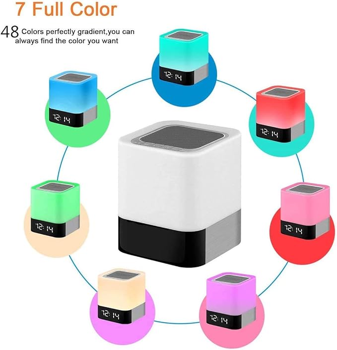 Night Lights Bluetooth Speaker, Alarm Clock Touch Sensor Dimmable Multi-Color Changing Bedside Lamp, MP3 Player, Wireless