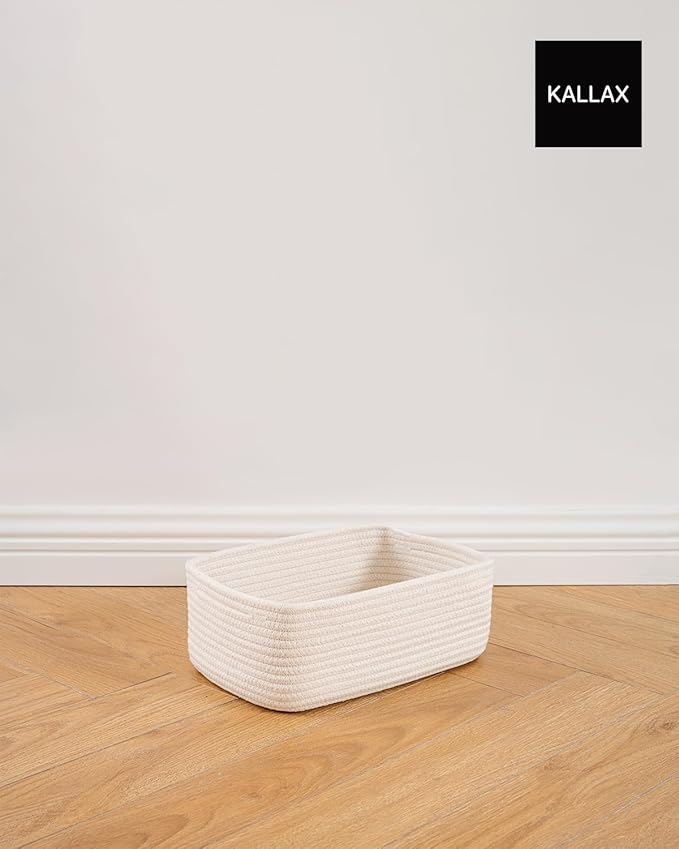 KALLAX Small Woven Basket, 12 x 8 x 4.5 Inches, Storage Basket for Organizing, Cute Small Rope Shelf Closet Cube Storage Bins Baskets for Shelves, Dog Toy Gift Baskets Empty, 3 Packs, Off White