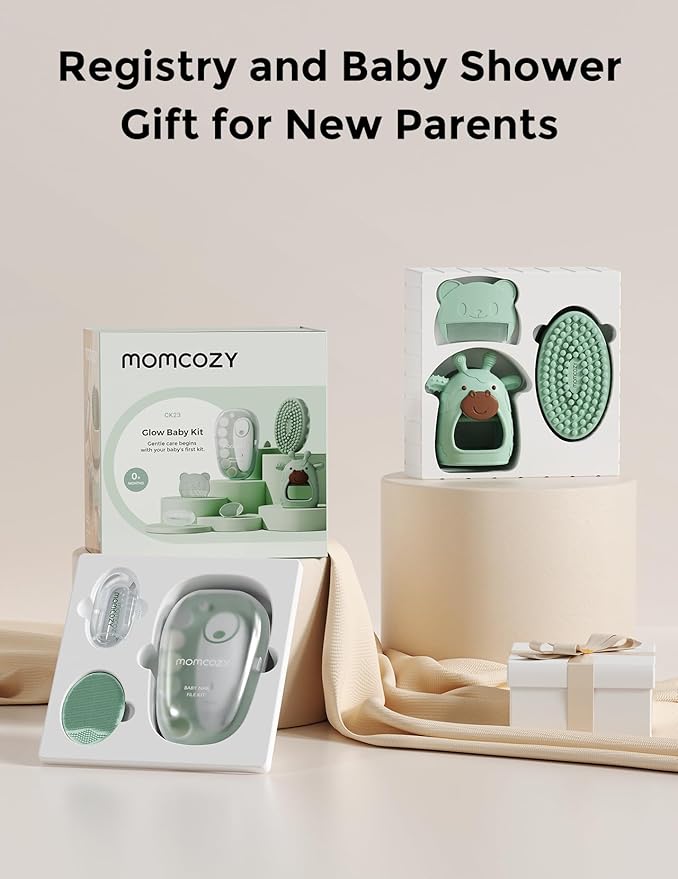 Momcozy Glow Baby Kit, Baby Shower & Registry Essential Kit for Grooming & Cleansing Care, Includes Electric Nail File, Teether, Bath Brush, Cradle Cap Brush,Comb, Finger Toothbrush,Newborn Must-Have