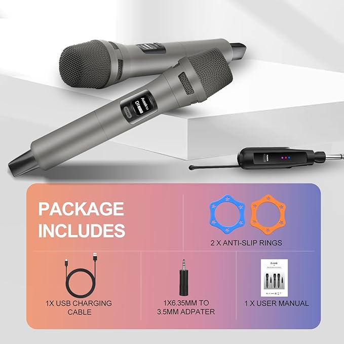 Aveek 2.4GHz Wireless Microphone System, 2 Rechargeable Mics and Receiver, Plug & Play for Karaoke Machine, Party Speakers, Home Entertainment, Wedding & Events - Crystal Clear Sound, 100ft Range