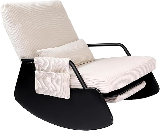 Rocking Chair for Nursery, Modern Upholstered Plush Seating Glider Recliner Chair with High Backrest and Side Pocket, Accent Armchair with Cushions for Living Room/Reading (Beige)