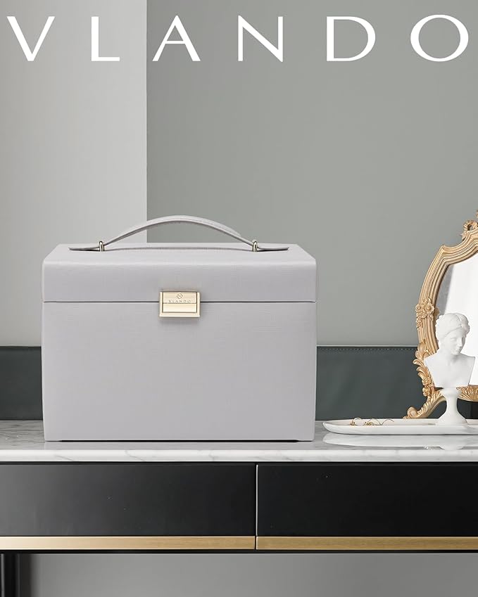 Vlando Jewelry Box Organizer for Girls Women, Large Baroque Jewelry Holder Organizer with Mirror, 3 Drawers for Bracelets, Earrings, Rings, Necklaces, Mothers Day Gifts for Loved One, Grey