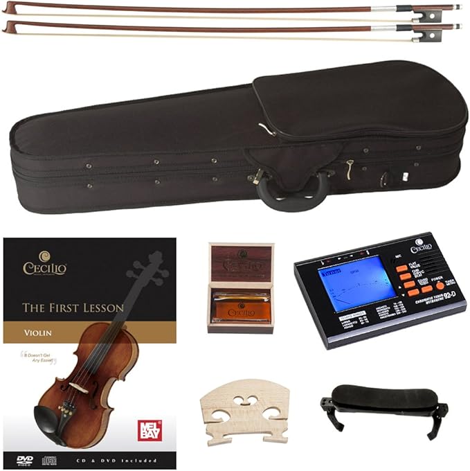 Cecilio 1/4 Violin Solidwood Violin with D'Addario Prelude Strings, Bow, Rosin, Tuner, Shoulder Rest & Lesson Book – Ideal for Beginners