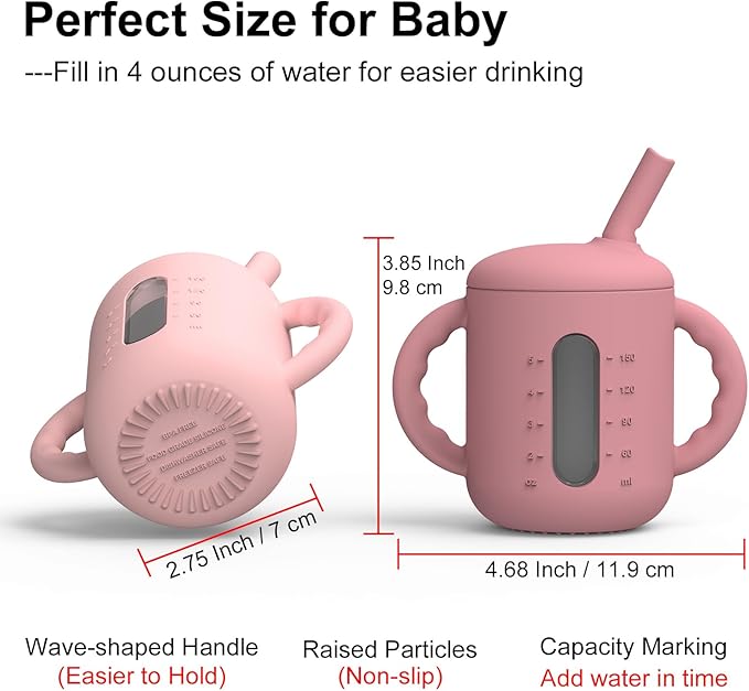 Seposeve 2 Pack Silicone Sippy Cups, Leak-Proof Baby Straw Cup for 6-12 Months, Spill Proof Toddler Cup with Straw 1-3 Years, with Capacity Marking, Non-slip Handle, Flow Control, 6 oz, Purple Pink