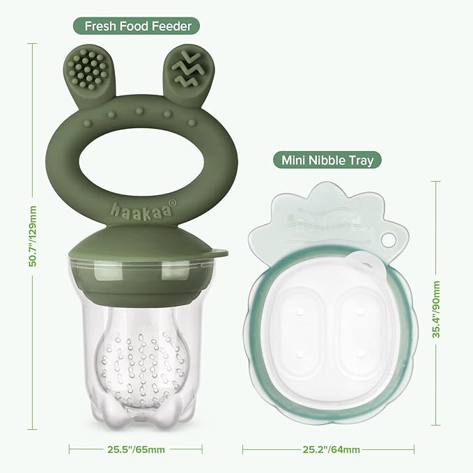 Haakaa Baby Fruit Food Feeder & Mini Freezer Nibble Tray Combo, Breastmilk Popsicle Molds for Baby Cooling Relief, BPA Free Silicone Feeder for Safe Infant Self Feeding, 4 Month+(Olive Green)