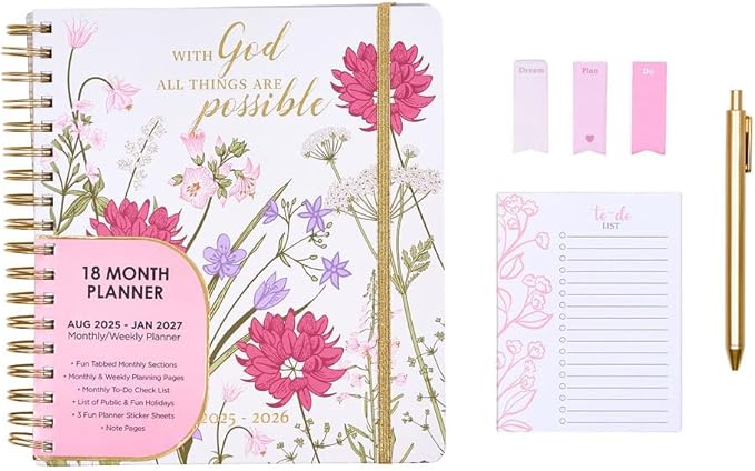 Votum August 2025 to January 2027 Large Back to School Academic Planner- Daily, Weekly & Monthly Organizer with Pens, Stickers, Sticky Notes, and a Sturdy Cover - With God All Things Possible