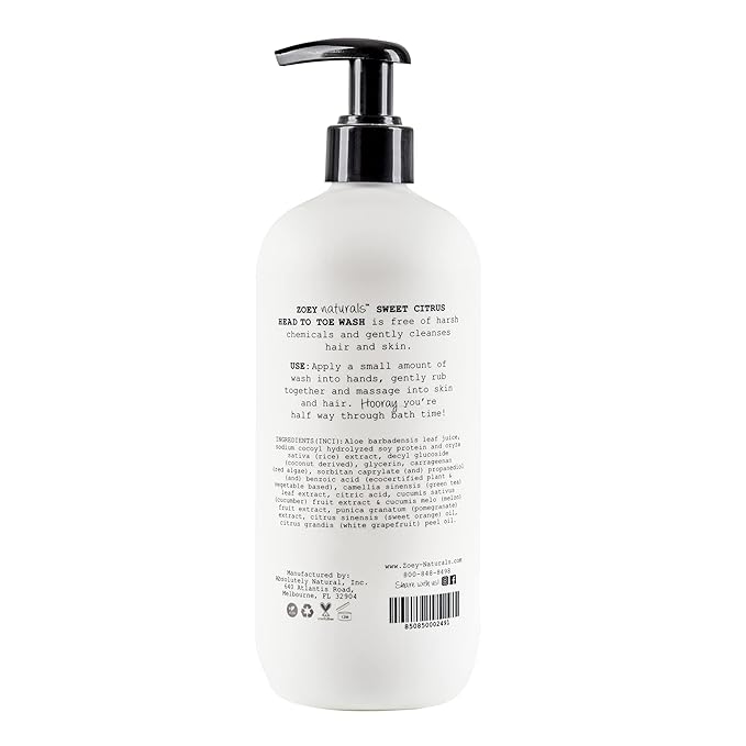 Zoey Naturals Sweet Citrus Baby Wash & Shampoo, Made For Sensitive Skin, Tear-free, Paraben-Free, All Natural, Made in the USA