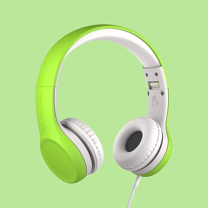 LilGadgets Connect+ Wired Kids Headphones for School with Mic, Volume Limited & Noise Reduction, On-Ear Headset with Cord, SharePort Technology for Multiple Kids & SoftTouch Padding, Green