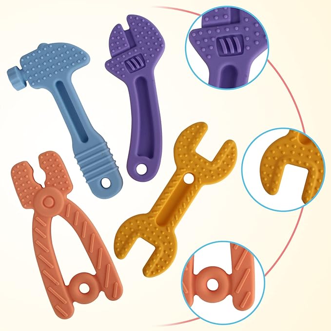 Fu Store 4 Pack Soft Silicone Teething Toys for 0-12Months 6-24 Months Toddlers Infant Hammer Tools Shape Baby Teethers Relief Soothe Babies Gums Set