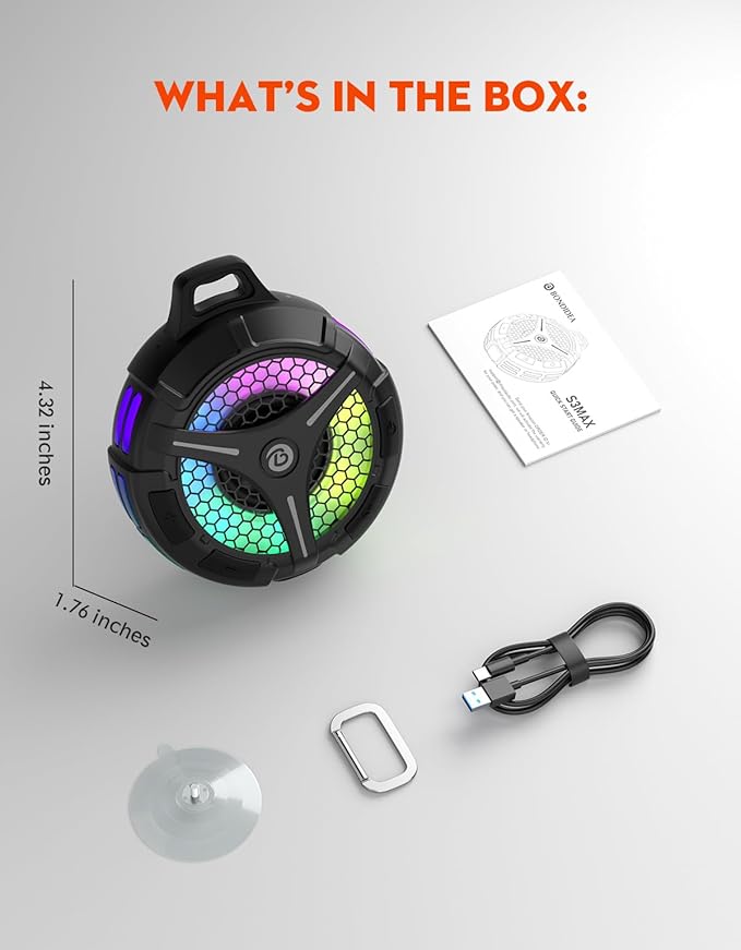 Waterproof Bluetooth Shower Speaker, Suction Cup, Small Portable Wireless IPX7 Waterproof Outdoor Speakers, Loud Stereo Sound Deep Bass, TWS Pairs, 6 Mode RGB Lights, All Ages Gift for Christmas