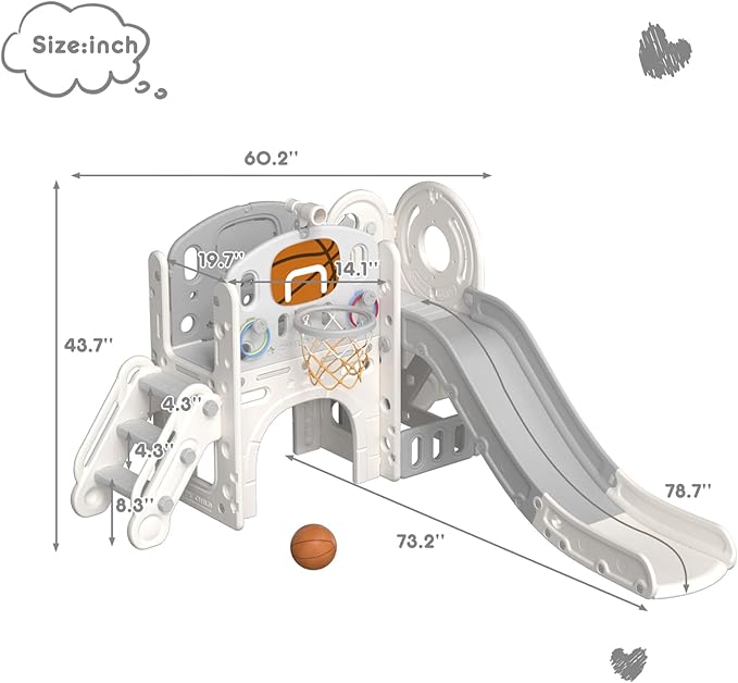 YUFU 9 in 1 Toddler Slide Set, Kids Slide for Toddlers Age 1-3, Toddler Playset with Basketball Hoop and Ball, Outdoor Indoor Playground for Toddlers 1-3 (Beige+Gray)