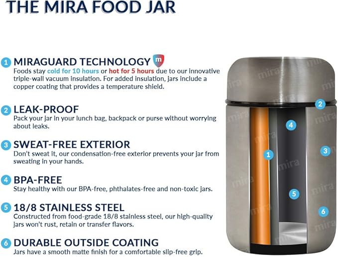 MIRA Insulated Food Jar Thermo for Hot Food & Soup, Compact Stainless Steel Vacuum Lunch Container for Meals To Go - 13.5 oz, Teal