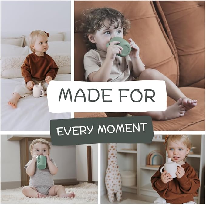 Silicone Sippy Cups with Easy Grip Transition Handles and a Soft Spout. A Non Txoic No Spill Unbreakable Training Cup. 150ml/5oz |2-PACK Sandy Shore & Green Checkers|