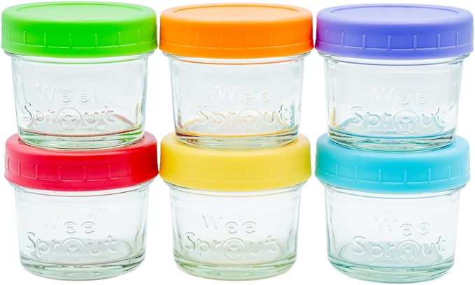 WeeSprout Glass Baby Food Storage Jars w/Lids (4 oz, 6 Pack Set) Snack, Puree, Reusable Small Containers, Breast Milk, Fridge or Freezer, Microwave & Dishwasher Safe, Essential Must Have for Infants