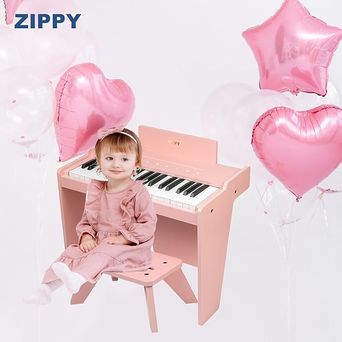 ZIPPY Kids Piano Keyboard, 37 Keys Digital Piano for Kids, Touch Sensitive Control Panel, Built-in Songs, Volume Adjustable, Music Educational Instrument, Wood Piano for 3+ Girls and Boys (Pink Plus)
