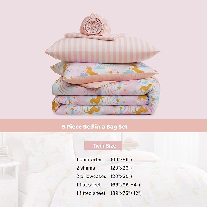 Twin Comforter Set with Sheets for Girls-5 Pieces Twin Bedding Sets with Pink Comforter, Sheets, Pillowcase & Sham for Kids (Gold Unicorn, 66" X 86")