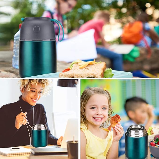 Insulated Thermo Food Jar for Hot & Cold Food for Kids Adult, 17 oz Soup Thermal Hot Food Containers for Lunch, Triple Layer Insulation Stainless Steel Food Jar with Spoon (Green)