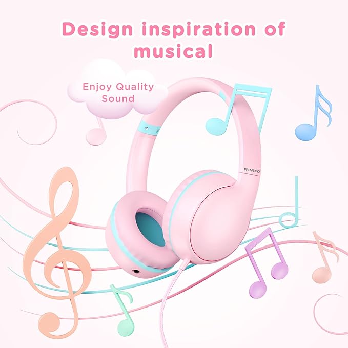 Kids Headphones Wired with Microphone, Over Ear 85/94dB Volume Limited Headphones with Share Port, Stereo Sound Foldable Headset for Teens/Boys/Girls - Pink