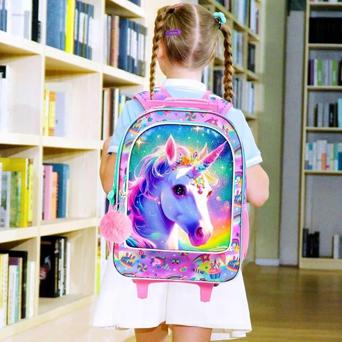 gxtvo Girls Rolling Backpack, Cute Unicorn Roller Wheels Kids Bookbag - Wheeled Elementary School Bag - 3PCS Unicorn
