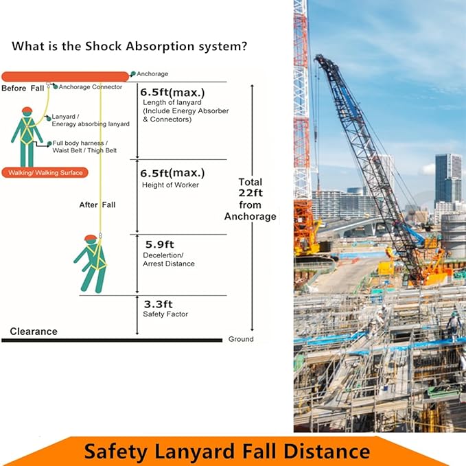 Full Body Safety Harness Tool Fall Protection,OSHA/ANSI Compliant,ASTM F1774certified | INTERNAL Shock Absorbing Lanyard(Orange)