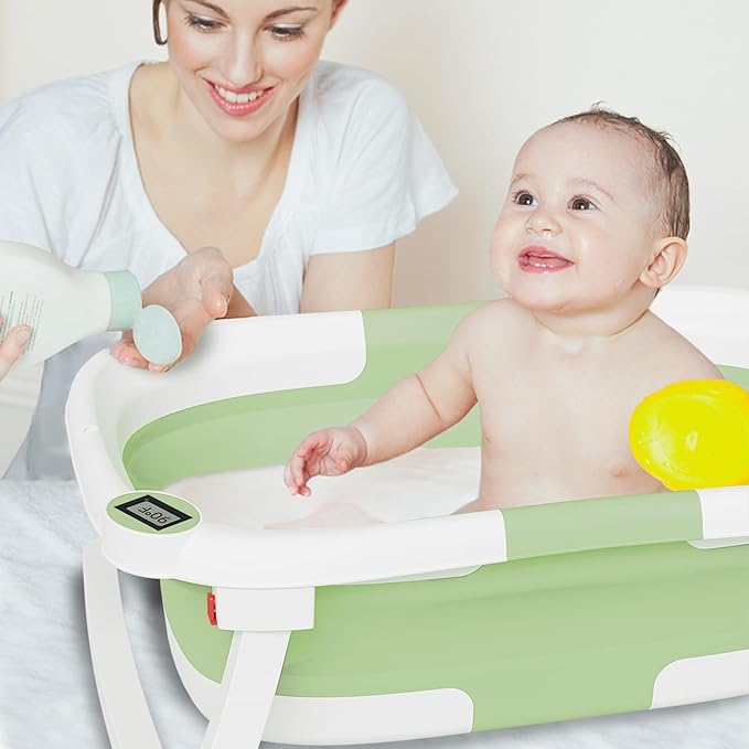 Collapsible Baby Bathtub,Baby Bath Tub with Soft Cushion & Thermometer,Baby Bathtub Newborn to Toddler 0-36 Months,Portable Travel Baby Tub