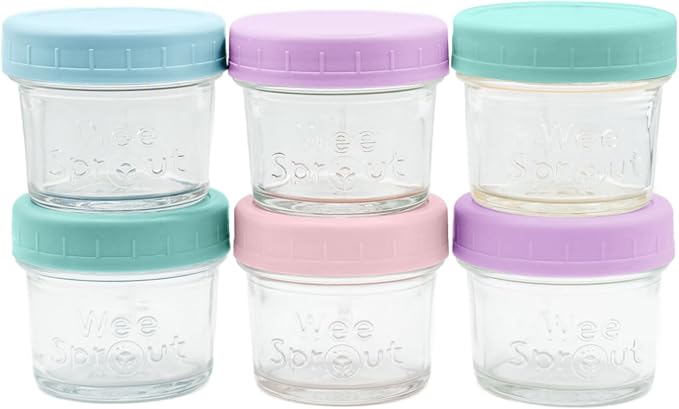 WeeSprout Baby Food Storage Glass Jars w/Lids (4 oz, 6 Pack) Pastel Variety, Snack, Reusable Small Containers, Fridge or Freezer, Microwave & Dishwasher Safe, Essentials for Infants
