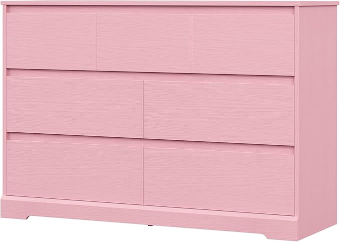 Dresser for Bedroom, Modern Pink Dresser, Wood Chest of Drawers Nursery Dressers, with Storage, 7 Drawer Double with Handle Free, Large Storage Organizer for Living Room,Pink