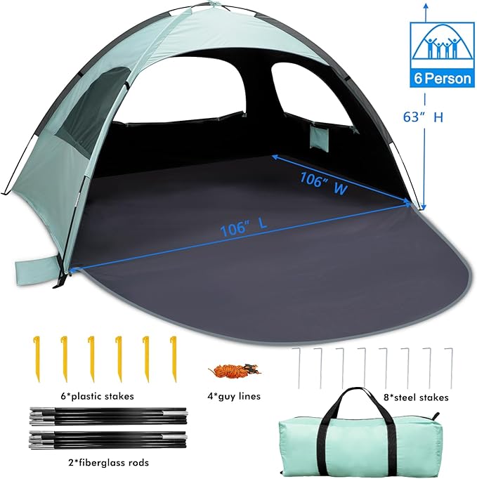 WhiteFang Beach Tent Anti-UV Portable Sun Shade Shelter for 3/4/6/8 Person, Extendable Floor with 3 Ventilating Mesh Windows Plus Carrying Bag, Stakes and Guy Lines