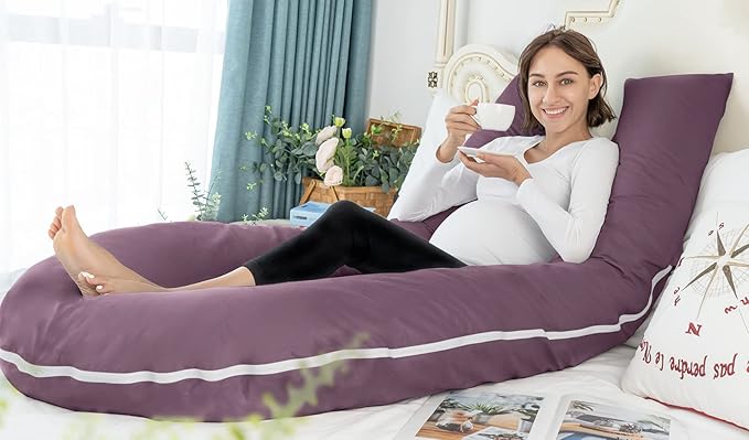 Meiz Pregnancy Pillow, Cooling Silky Pregnancy Pillows for Sleeping, 65" Maternity Pillow for Tall Pregnant Woman with Cooling Silk Jersey Cover, Purple