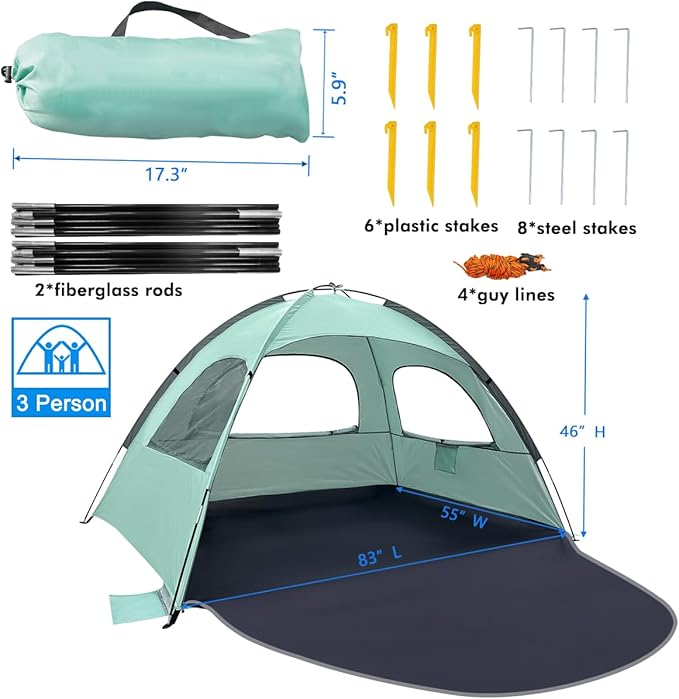 WhiteFang Beach Tent Anti-UV Portable Sun Shade Shelter for 3/4/6/8 Person, Extendable Floor with 3 Ventilating Mesh Windows Plus Carrying Bag, Stakes and Guy Lines