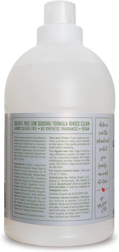 Rebel Green Organic Laundry Detergent - Natural Laundry Soap - Liquid Laundry Detergent with Dispenser Cup - Gentle Laundry Detergent - Fresh Unscented Soap - (68 Load Bottles, 2 Pack)