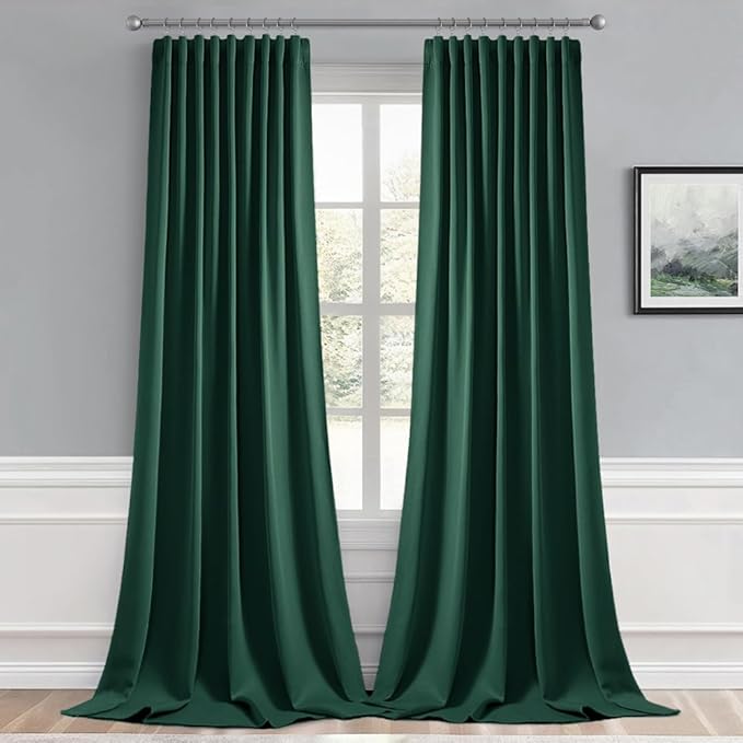 MIULEE Hunter Green Back Tab Blackout Curtain 96 Inch Long 2 Panels Set for Living Room Bedroom, Rod Pocket/Pinch Pleat Thermal Insulated Room Darkening Pleated Floor to Ceiling Drapes