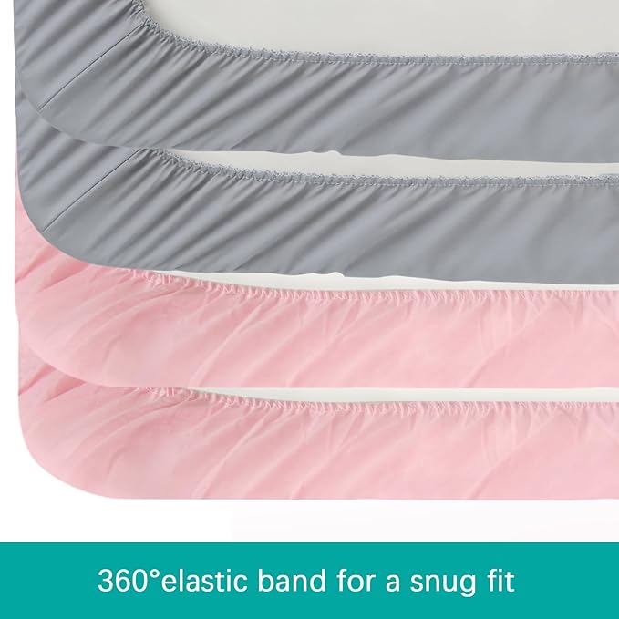 4-Pack Fitted Mini Crib Sheets for Boys and Girls - Breathable, Soft Microfiber Baby Sheets in Grey and Pink