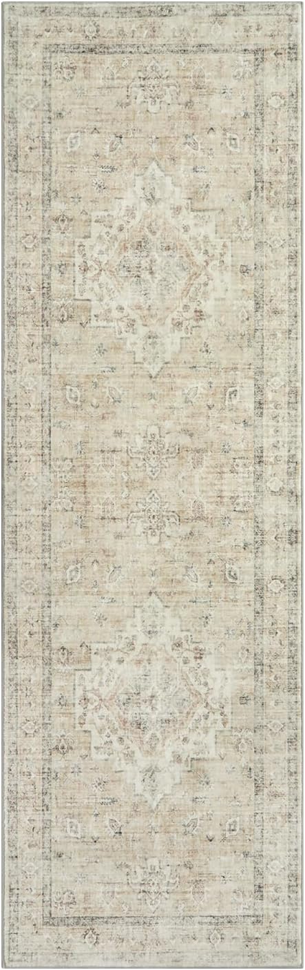 LIVEBOX Washable 2.5x8 Runner Rugs for Entryway Bathroom, Boho Kitchen Floor Mats Long Rug Runners for Hallways Non Slip, Farmhouse Low-Pile Carpet Runners for Laundry Room, Tan
