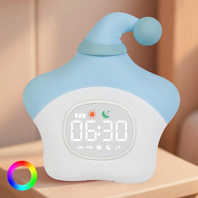 Star Alarm Clock with Night Light for Kids with Sleep Training and Sound Machine, Rechargeable Silicone Lamp OK to Wake Clock, Cute Animal Tabletop Lamp, Perfect Sleep Companion for Boys Girls, Blue