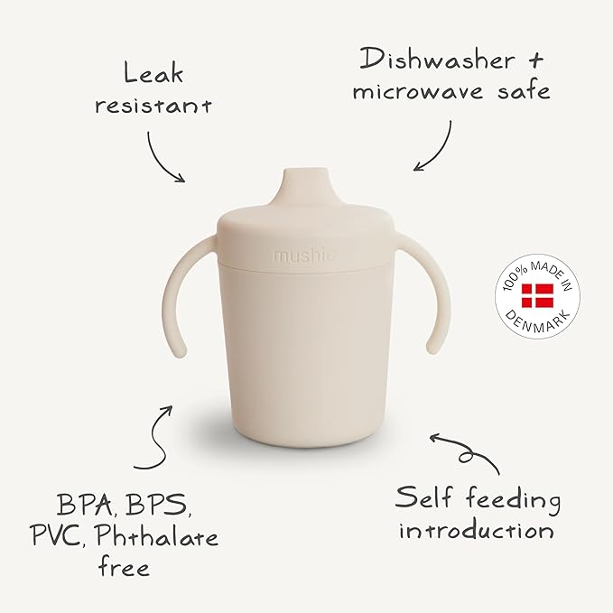 mushie Trainer Sippy Cup | Made in Denmark | Leak Resistant Twist-Off Lid & Handles | Plastic |6 Months + (Ivory)