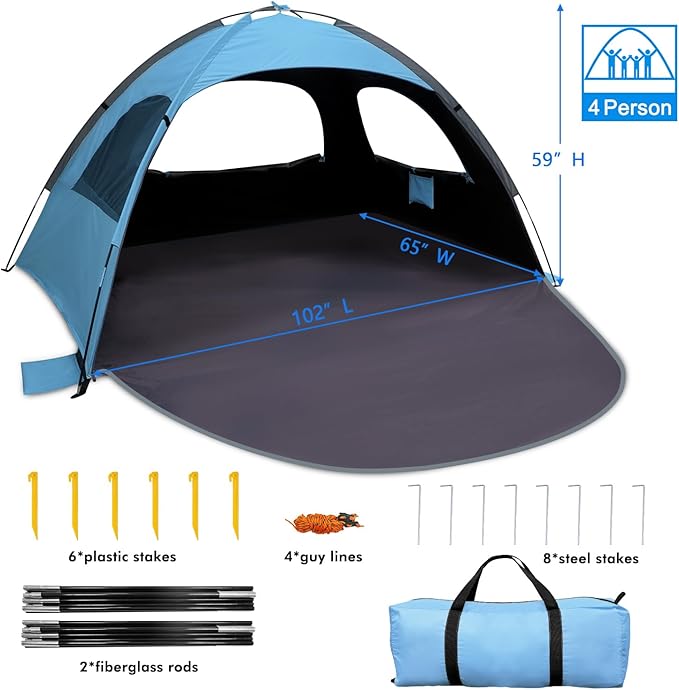 WhiteFang Beach Tent Anti-UV Portable Sun Shade Shelter for 3/4/6/8 Person, Extendable Floor with 3 Ventilating Mesh Windows Plus Carrying Bag, Stakes and Guy Lines
