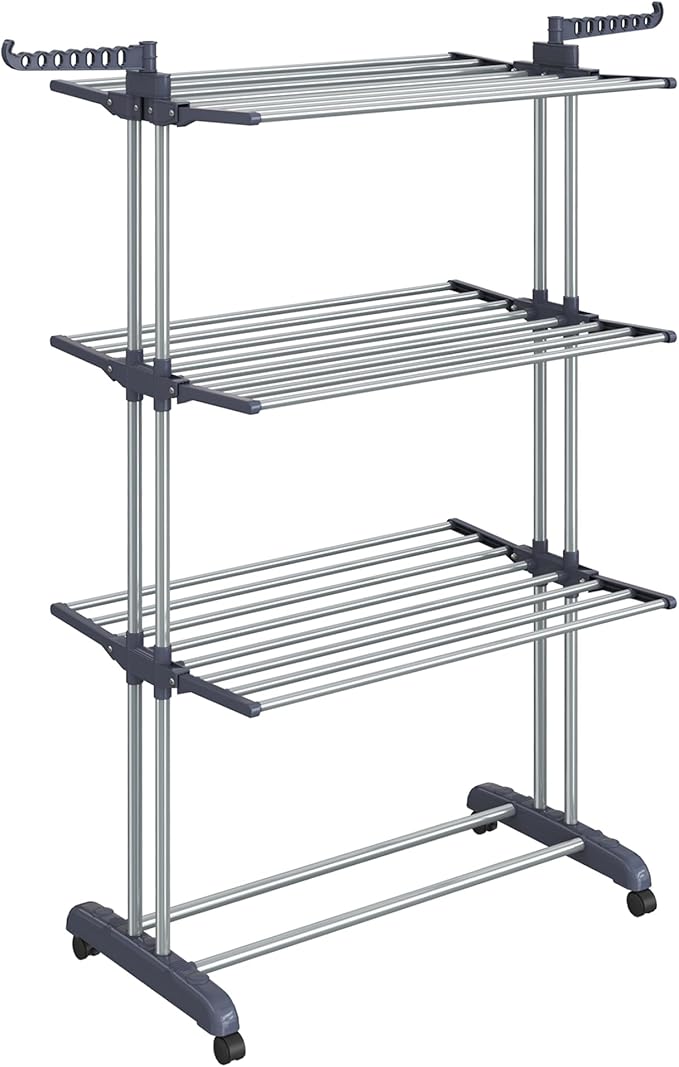 SONGMICS Clothes Drying Rack Stand 4-Tier, Foldable Laundry Drying Rack 68.1-Inch Tall, Steel, Rolling Clothes Horses Dryer Rack, Easy to Assemble, Indoor Outdoor Use, Dove Gray ULLR701G01